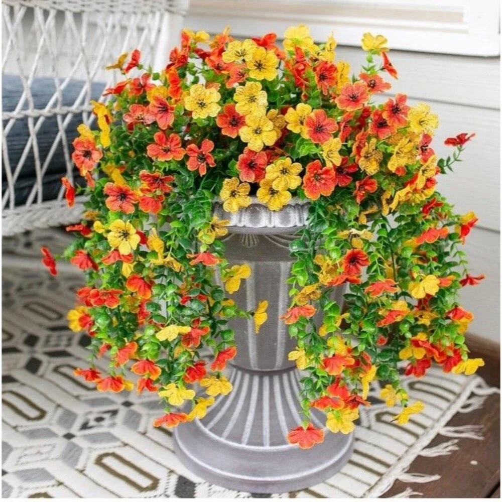 6pcs Artificial Flowers Plastic Hanging Plants Outdoor Porch Yellow & Orange